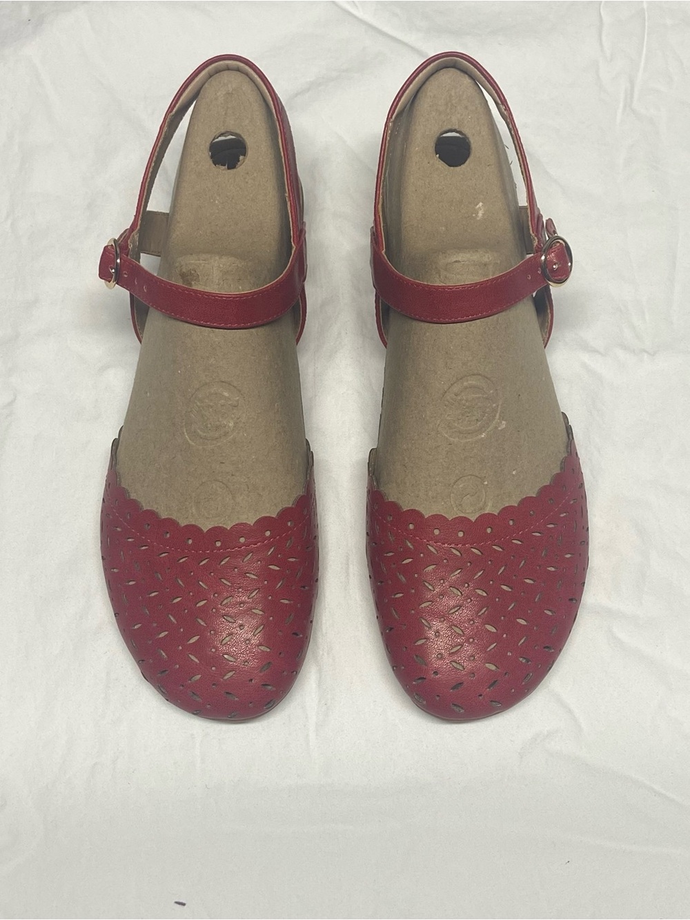 Women’s Red Mary Jane Flats with Scalloped Perforated Toe